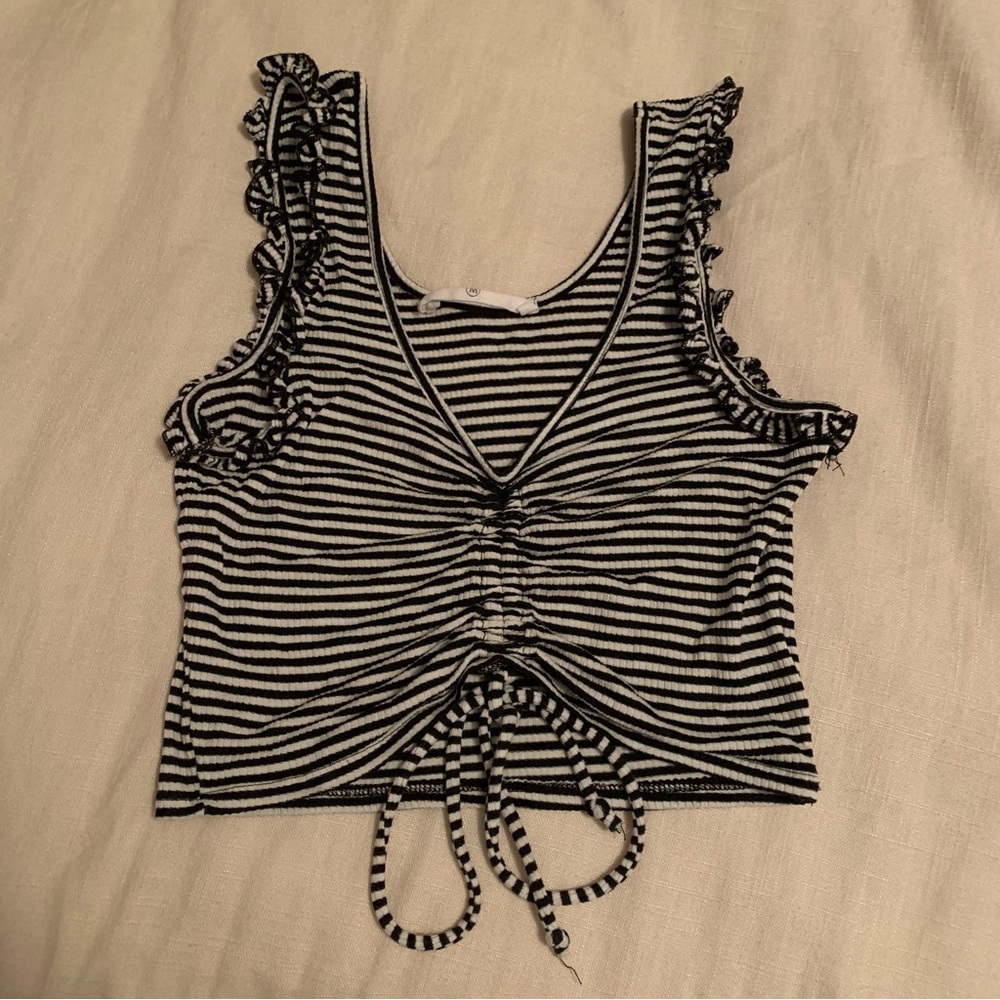 Black and White Striped Ruffle Tank Crop Top